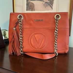 Valentino coral leather designer bag with gold chain straps